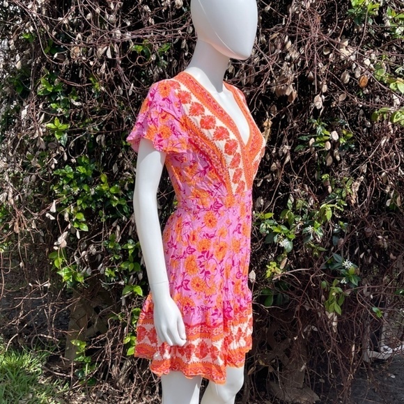 Zessica Floral Print Total Wrap Mini Dress Size Medium In Orange & Pink - Picture 3 of 10